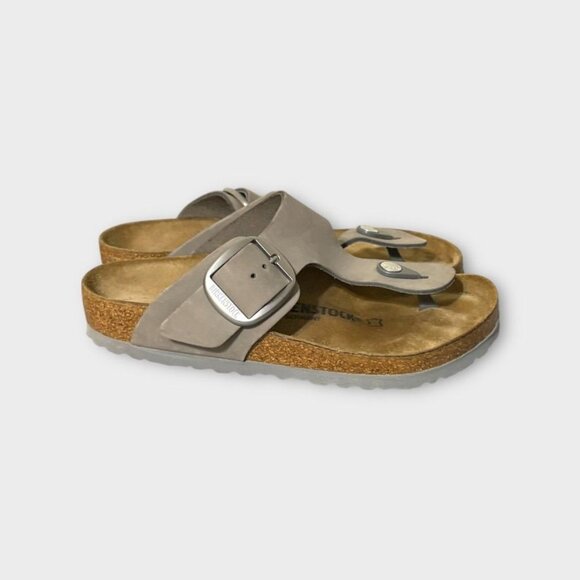 BIRKENSTOCK Gizeh Big Buckle 36 6 Nubuck Leather Dove Gray Silver Worn 2x Cork - Picture 1 of 9